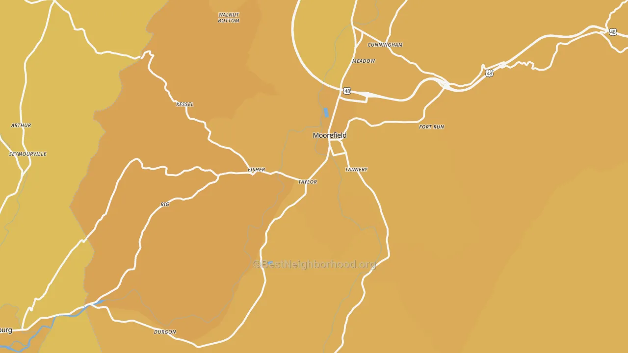 Map of the best neighborhoods in the Moorefield area, with better matches in green and worse matches in red