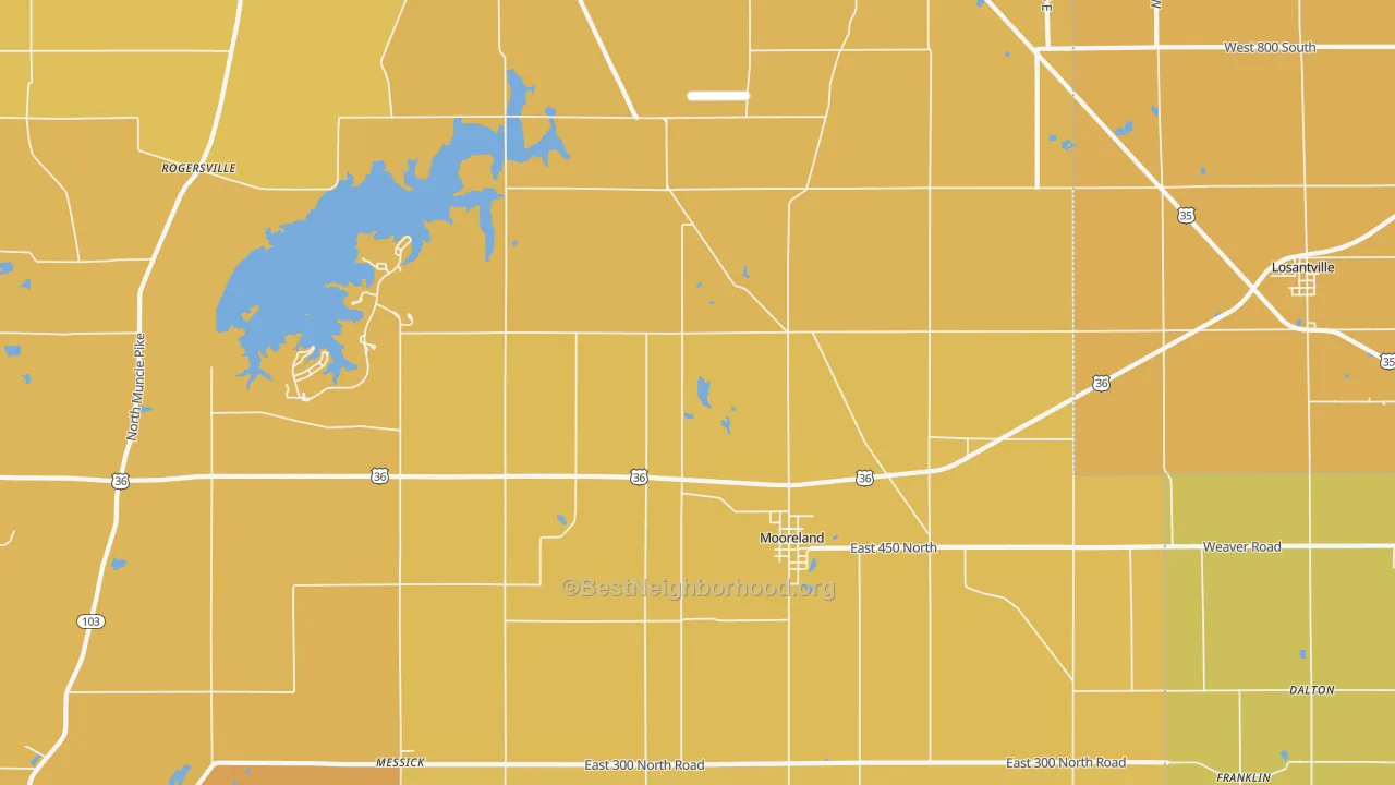 Map of the best neighborhoods in the Mooreland area, with better matches in green and worse matches in red