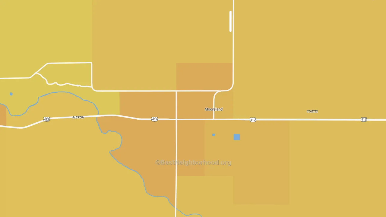 Map of the best neighborhoods in the Mooreland area, with better matches in green and worse matches in red
