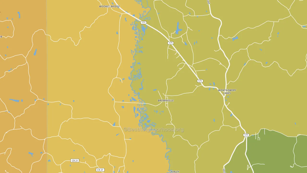 Map of the best neighborhoods in the Moores Bridge area, with better matches in green and worse matches in red