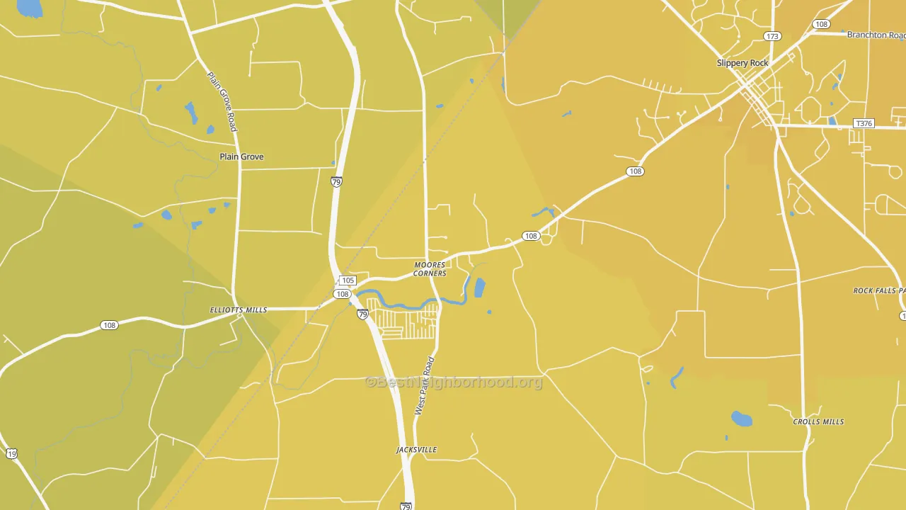 Map of the best neighborhoods in the Moores Corners area, with better matches in green and worse matches in red