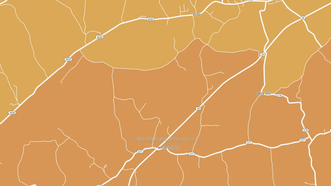 Map of the best neighborhoods in the Moores Creek area, with better matches in green and worse matches in red