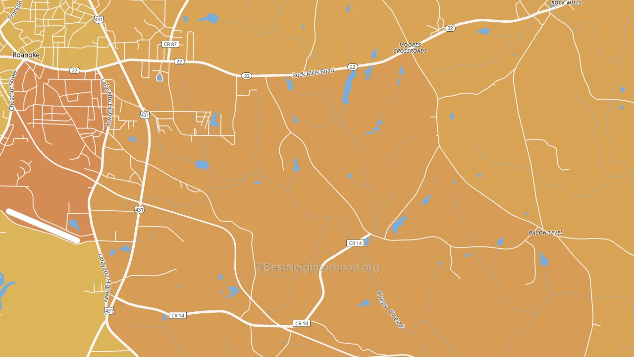 Map of the best neighborhoods in the Moores Crossroads area, with better matches in green and worse matches in red