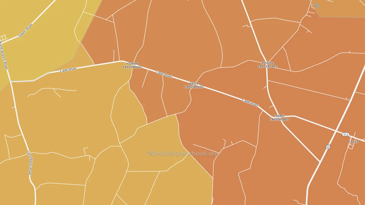 Map of the best neighborhoods in the Moores Crossroads area, with better matches in green and worse matches in red