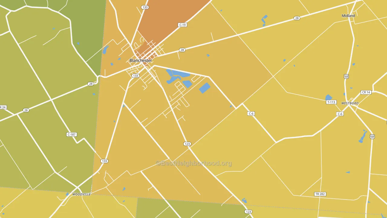 Map of the best neighborhoods in the Moores Fork area, with better matches in green and worse matches in red