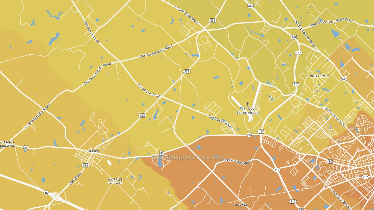 Map of the best neighborhoods in the Moores area, with better matches in green and worse matches in red