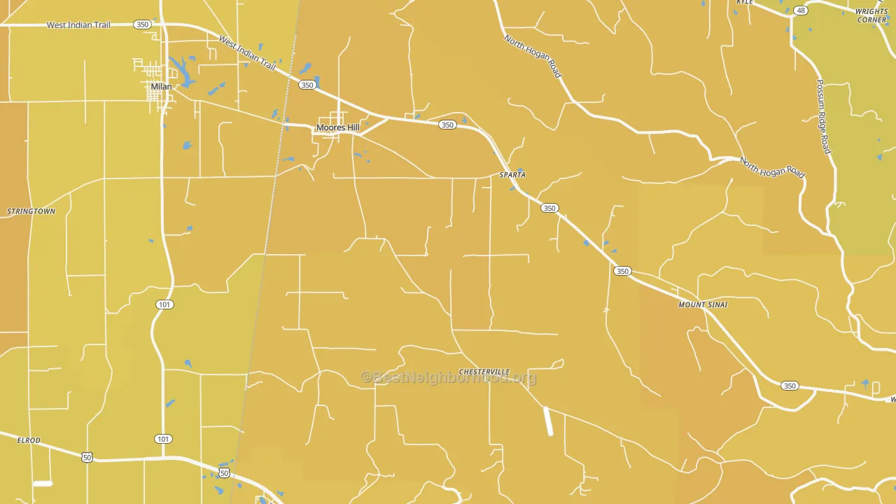 Map of the best neighborhoods in the Moores Hill area, with better matches in green and worse matches in red