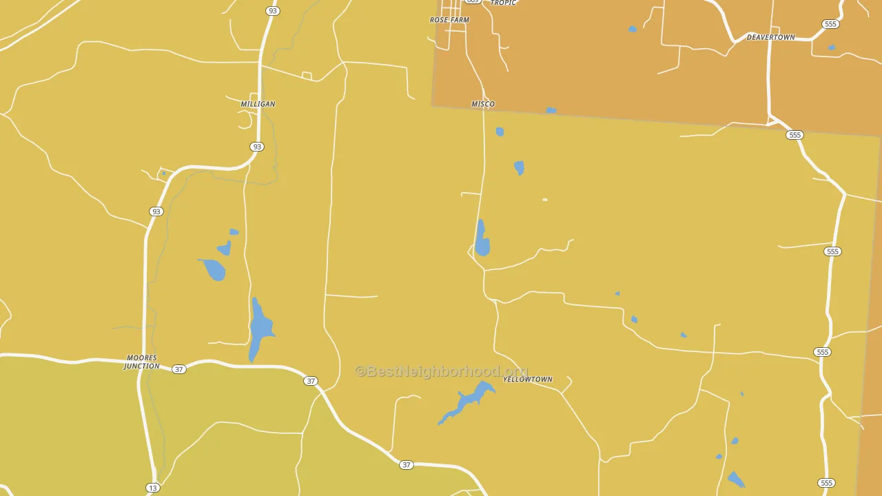 Map of the best neighborhoods in the Moores Junction area, with better matches in green and worse matches in red