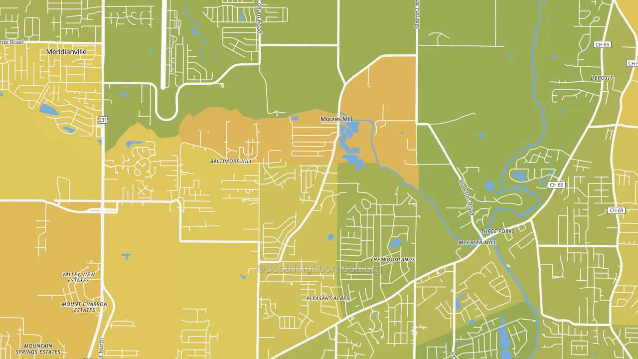 Map of the best neighborhoods in the Moores Mill area, with better matches in green and worse matches in red