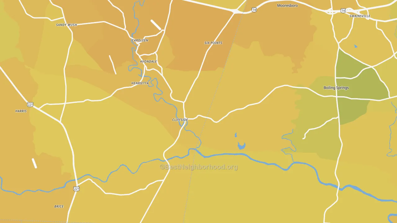 Map of the best neighborhoods in the Mooresboro area, with better matches in green and worse matches in red