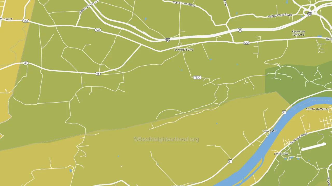 Map of the best neighborhoods in the Mooresburg area, with better matches in green and worse matches in red
