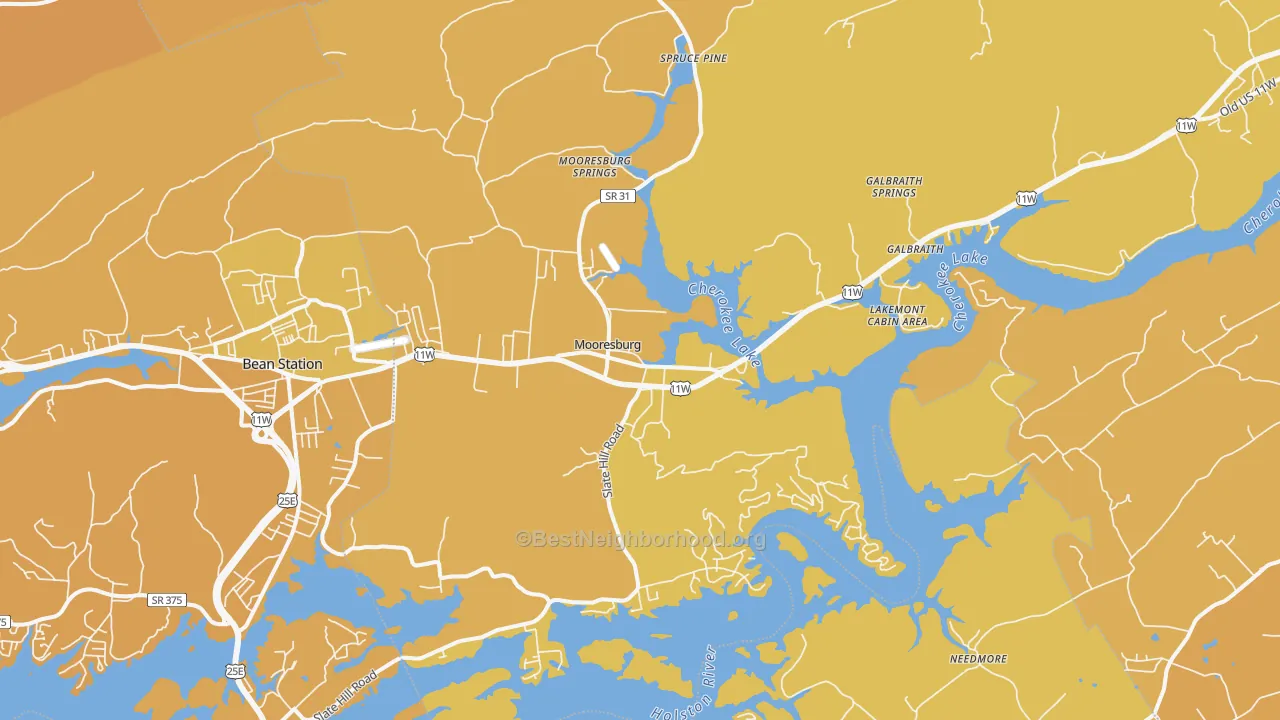 Map of the best neighborhoods in the Mooresburg area, with better matches in green and worse matches in red