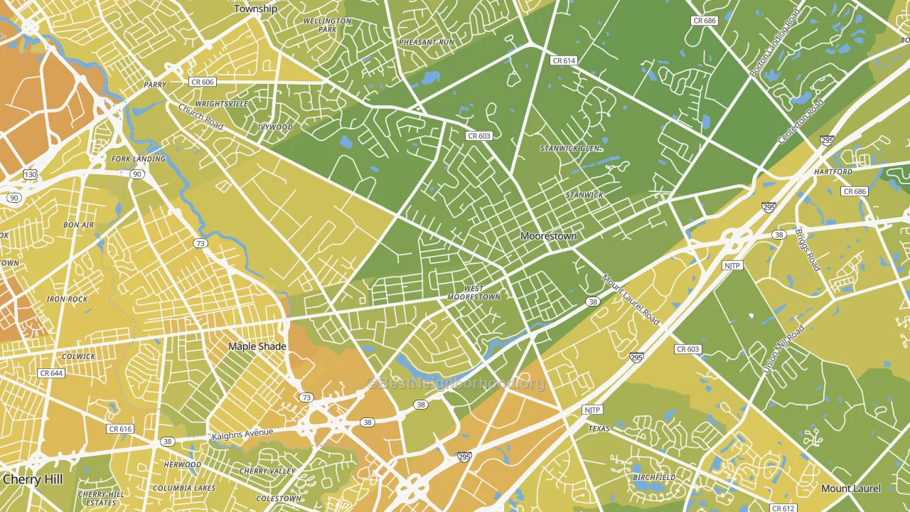 Map of the best neighborhoods in the Moorestown-Lenola area, with better matches in green and worse matches in red