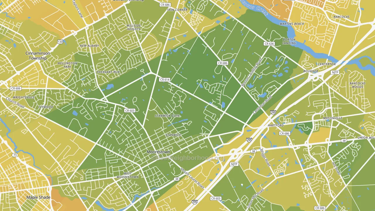 Map of the best neighborhoods in the Moorestown area, with better matches in green and worse matches in red