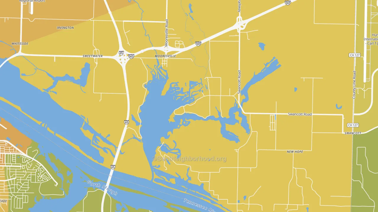 Map of the best neighborhoods in the Mooresville area, with better matches in green and worse matches in red