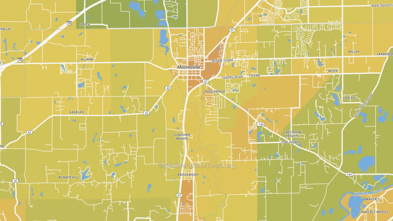 Map of the best neighborhoods in the Mooresville area, with better matches in green and worse matches in red