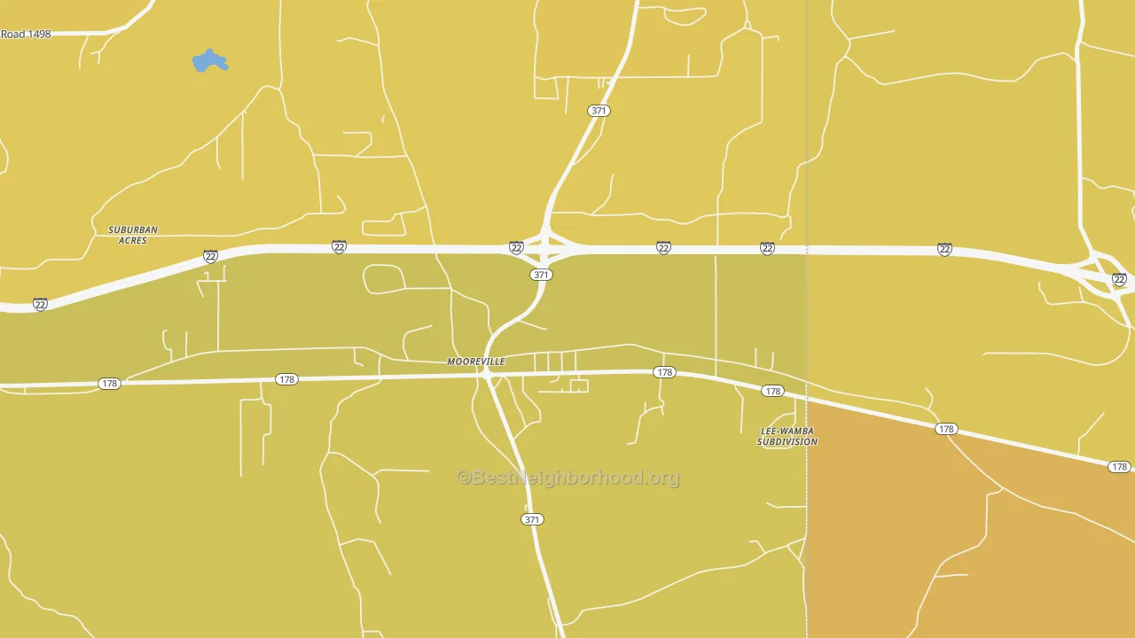 Map of the best neighborhoods in the Mooresville area, with better matches in green and worse matches in red