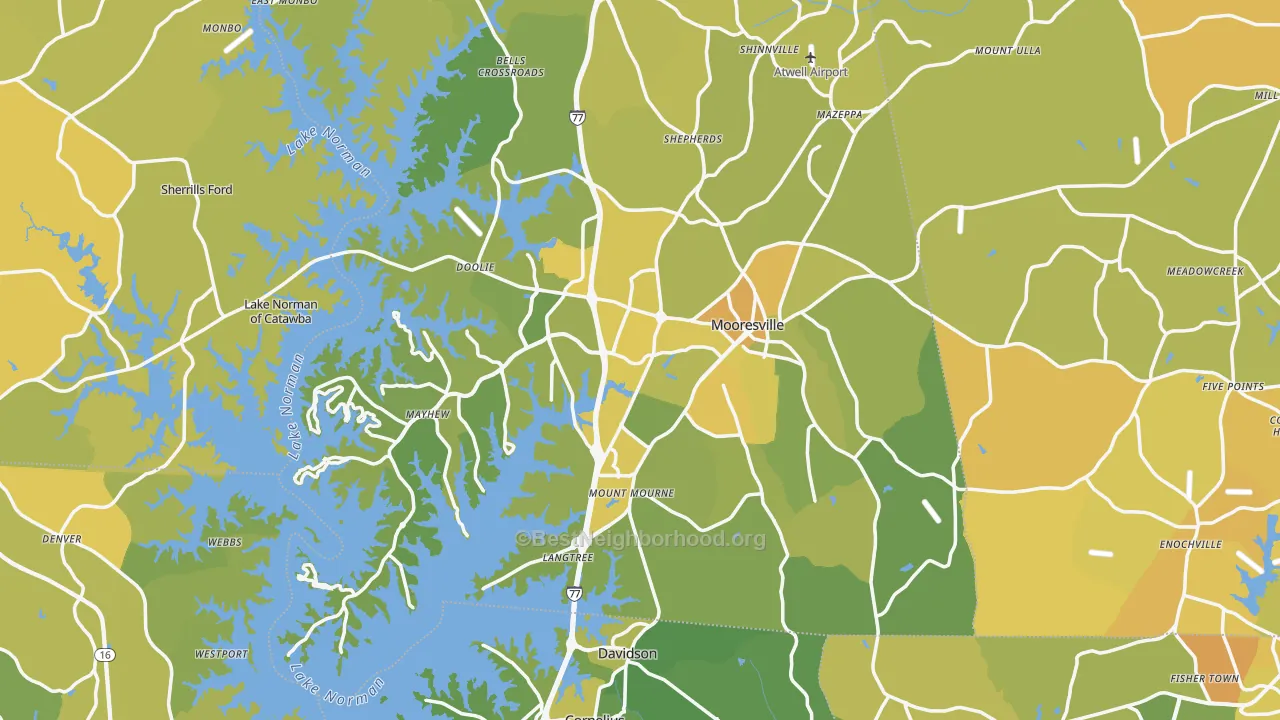 Map of the best neighborhoods in the Mooresville area, with better matches in green and worse matches in red