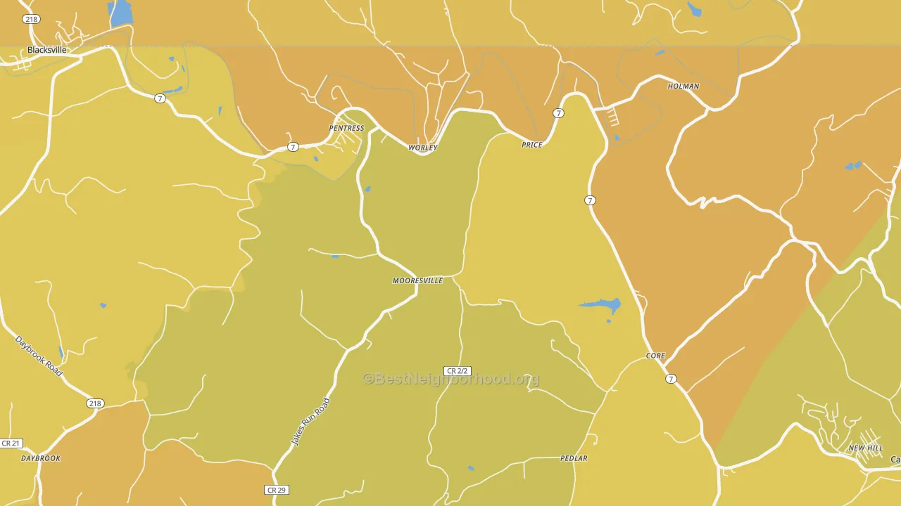 Map of the best neighborhoods in the Mooresville area, with better matches in green and worse matches in red