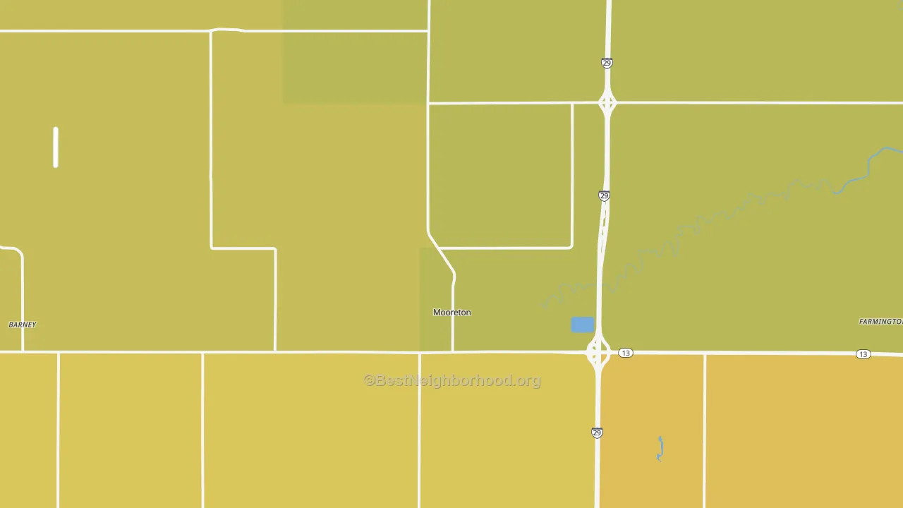 Map of the best neighborhoods in the Mooreton area, with better matches in green and worse matches in red