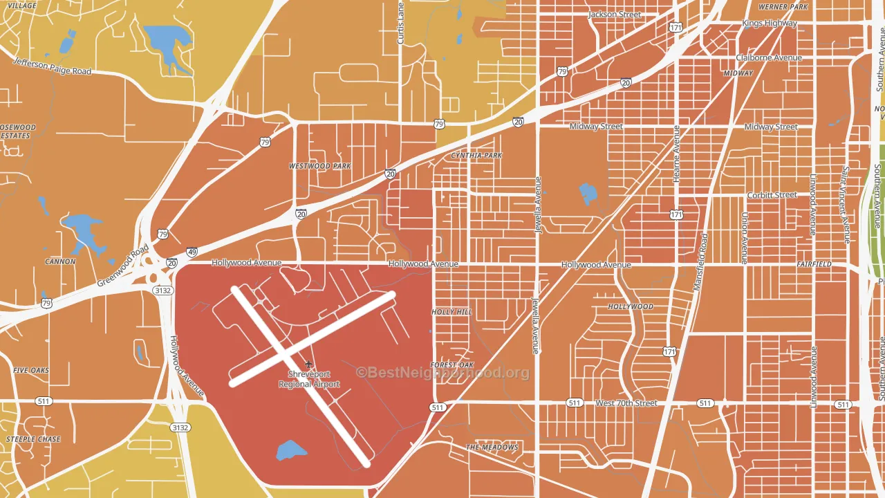 Map of the best neighborhoods in the Mooretown and Hollywood Heights, Shreveport area, with better matches in green and worse matches in red