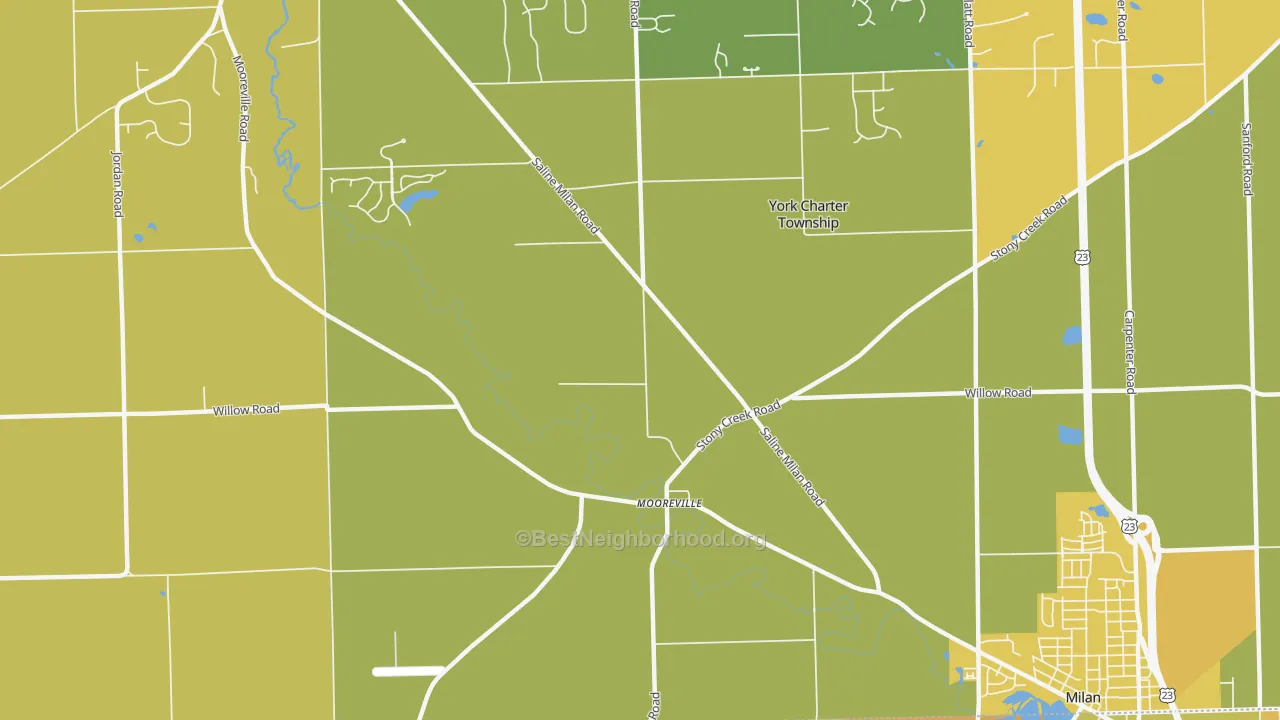 Map of the best neighborhoods in the Mooreville area, with better matches in green and worse matches in red