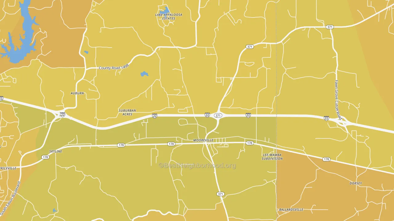 Map of the best neighborhoods in the Mooreville area, with better matches in green and worse matches in red