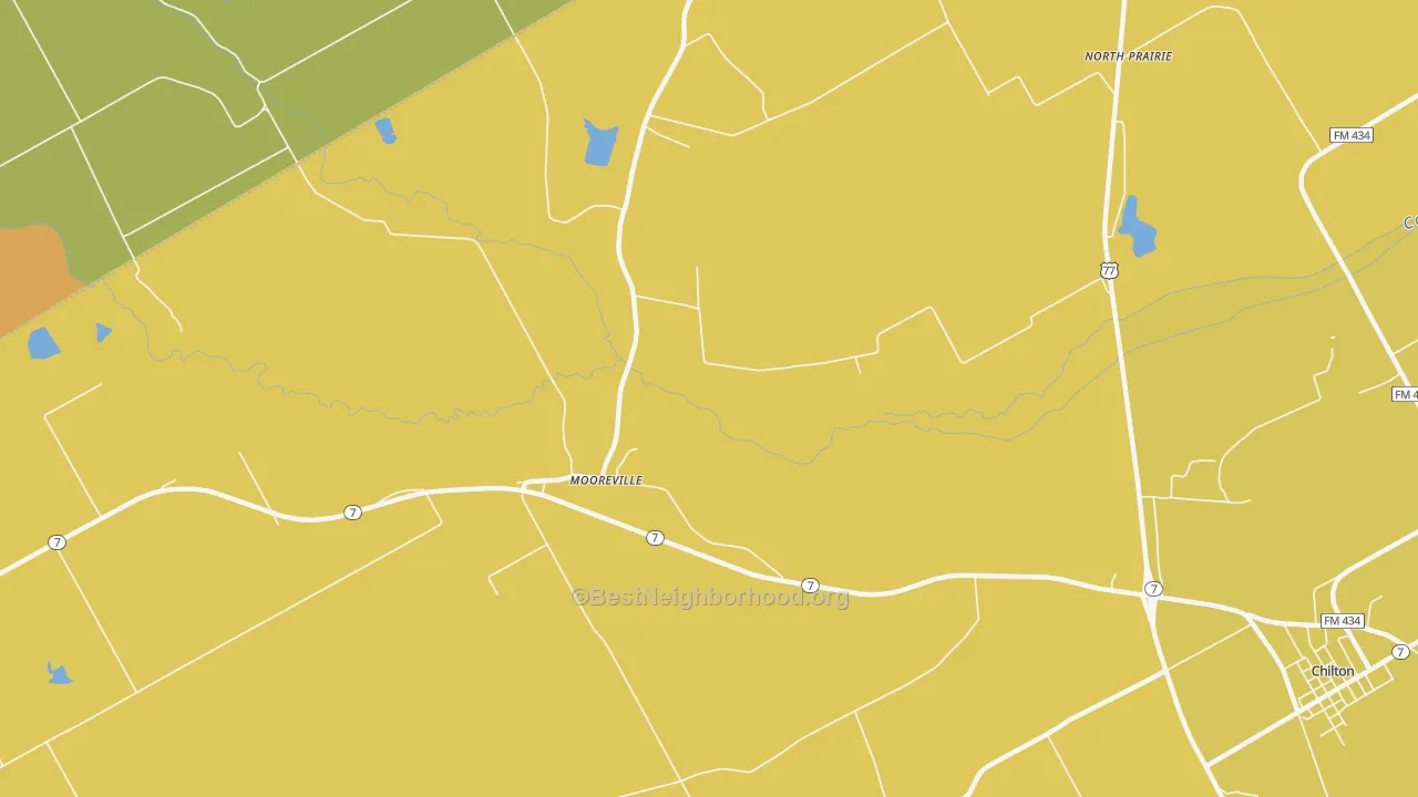 Map of the best neighborhoods in the Mooreville area, with better matches in green and worse matches in red