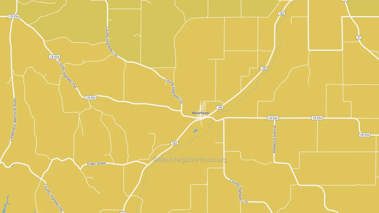 Map of the best neighborhoods in the Moorhead area, with better matches in green and worse matches in red