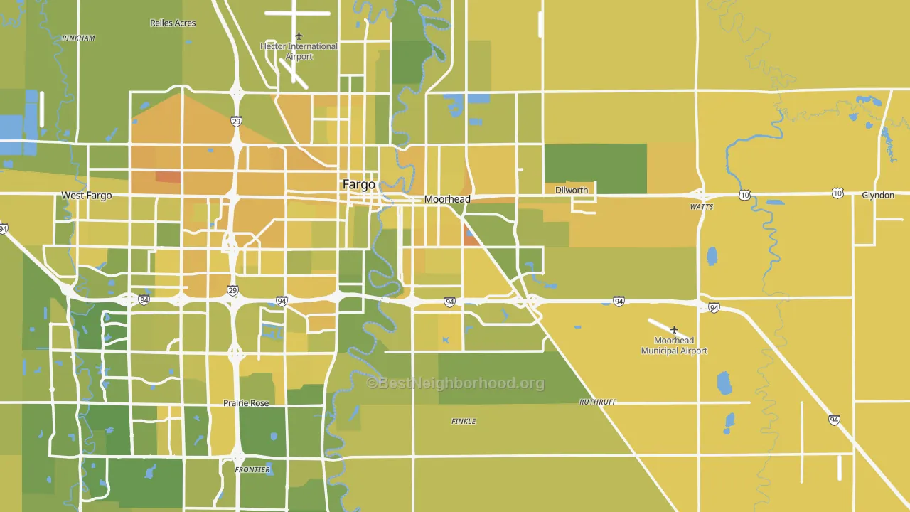 Map of the best neighborhoods in the Moorhead area, with better matches in green and worse matches in red
