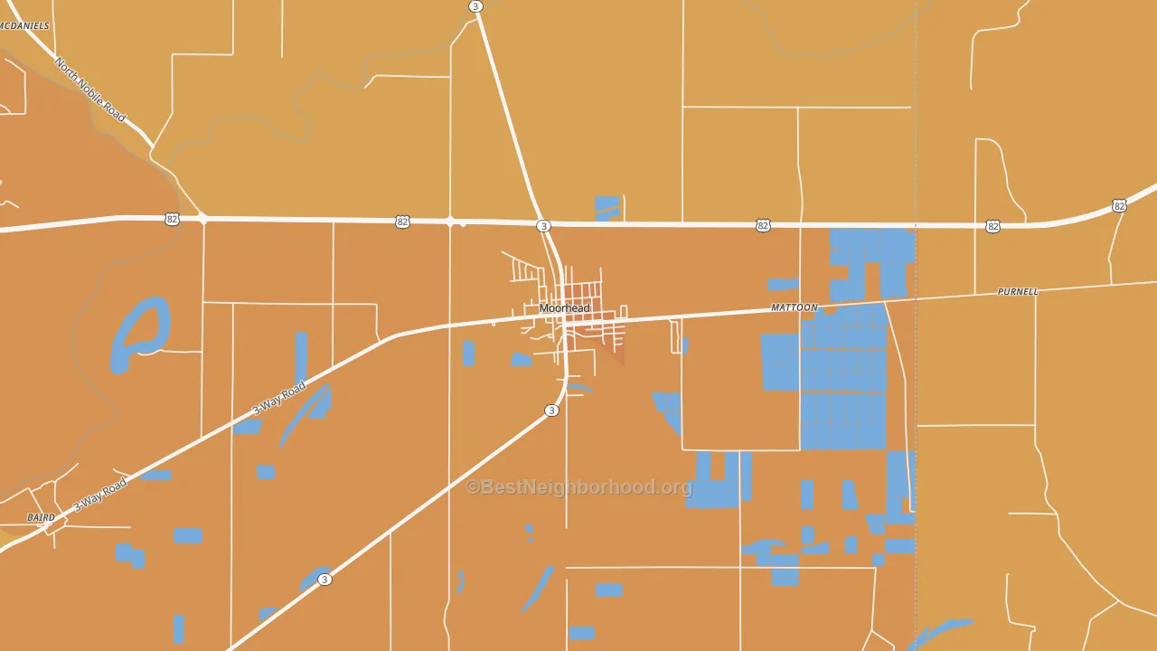 Map of the best neighborhoods in the Moorhead area, with better matches in green and worse matches in red