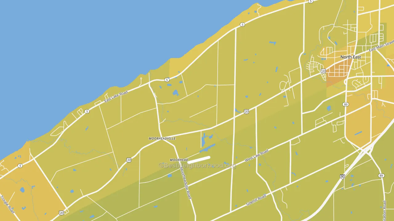 Map of the best neighborhoods in the Moorheadville area, with better matches in green and worse matches in red