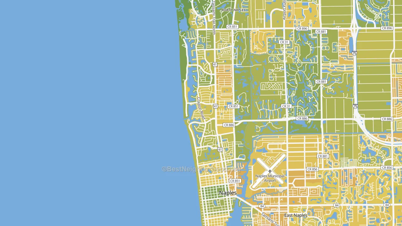 Map of the best neighborhoods in the Moorings-Coquina Sands, Naples area, with better matches in green and worse matches in red
