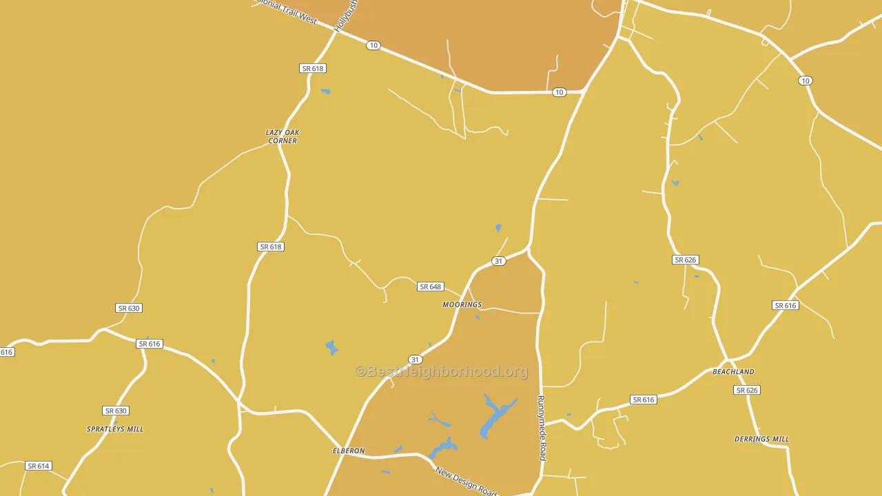 Map of the best neighborhoods in the Moorings area, with better matches in green and worse matches in red