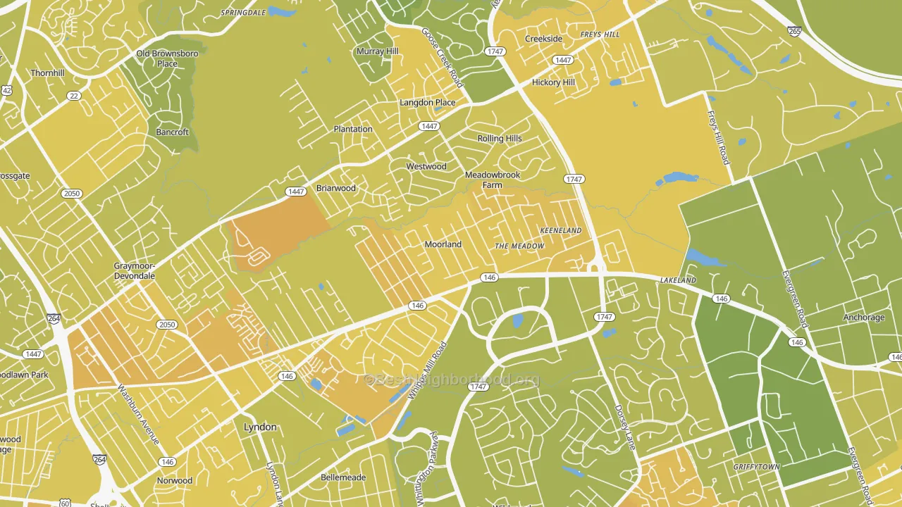 Map of the best neighborhoods in the Moorland area, with better matches in green and worse matches in red