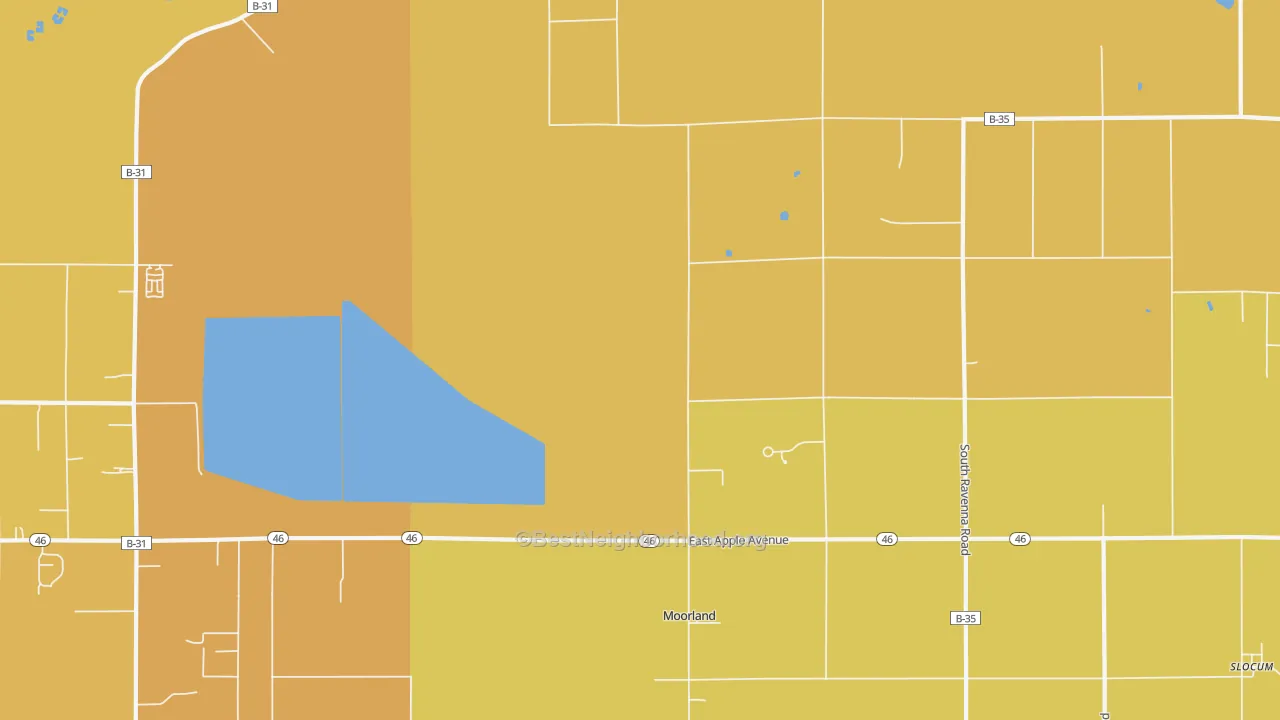 Map of the best neighborhoods in the Moorland area, with better matches in green and worse matches in red