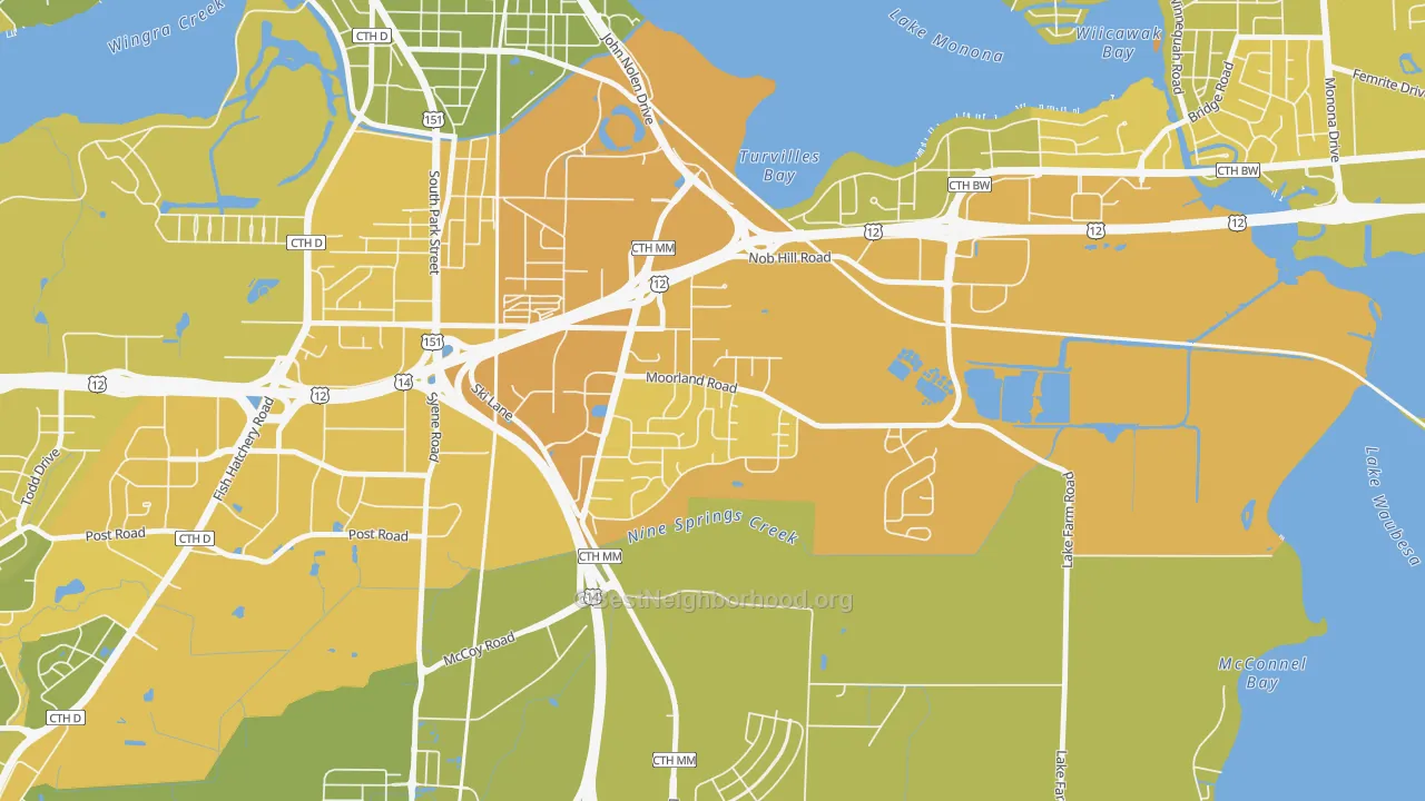 Map of the best neighborhoods in the Moorland-Rimrock, Madison area, with better matches in green and worse matches in red