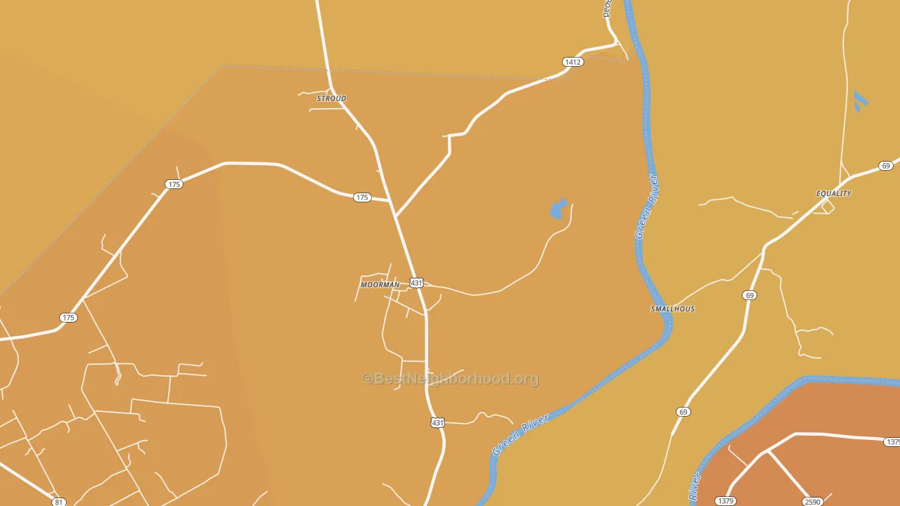 Map of the best neighborhoods in the Moorman area, with better matches in green and worse matches in red