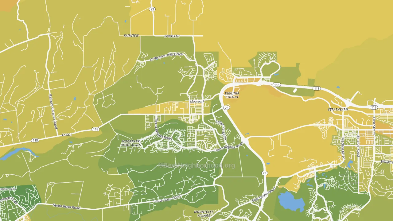 Map of the best neighborhoods in the Moorpark area, with better matches in green and worse matches in red