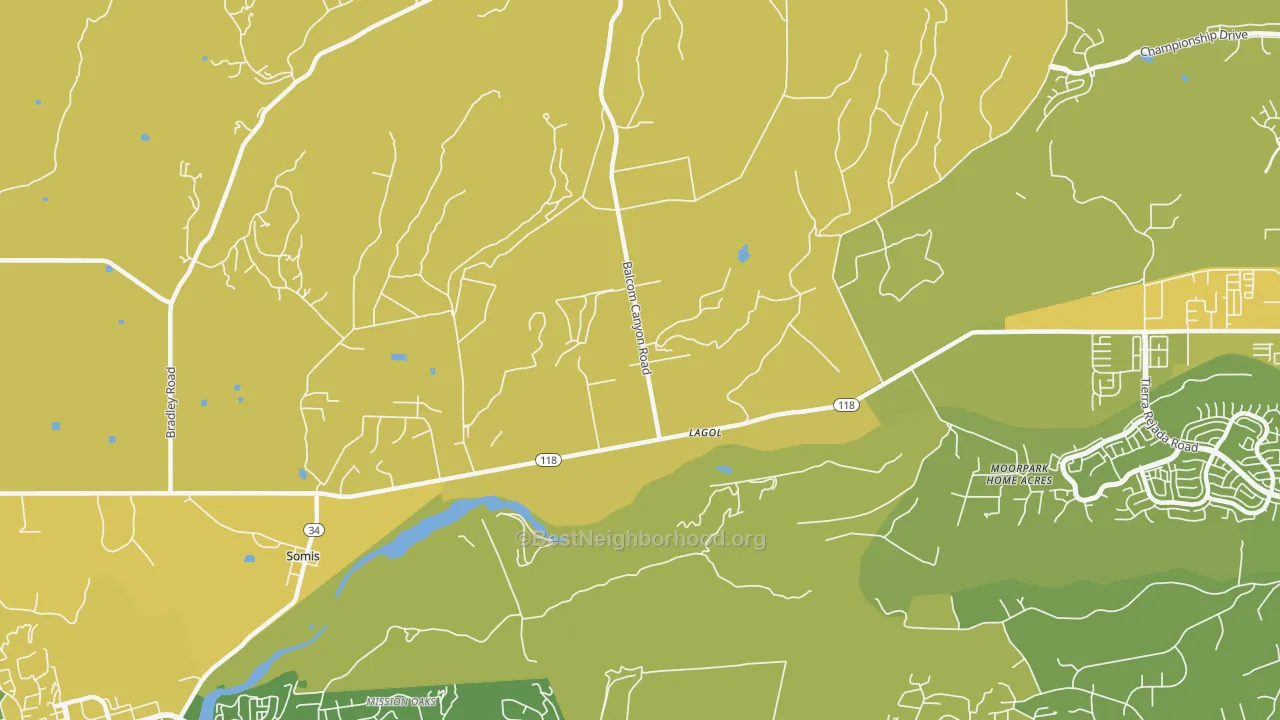 Map of the best neighborhoods in the Moorpark Home Acres area, with better matches in green and worse matches in red