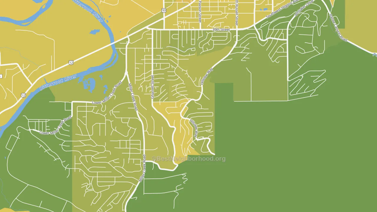 Map of the best neighborhoods in the Moose Can Gully, Missoula area, with better matches in green and worse matches in red