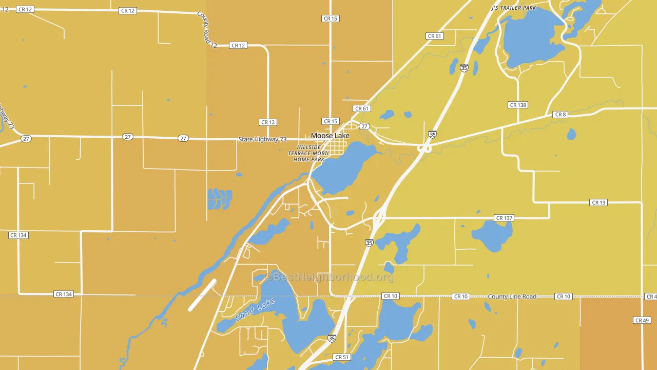 Map of the best neighborhoods in the Moose Lake area, with better matches in green and worse matches in red