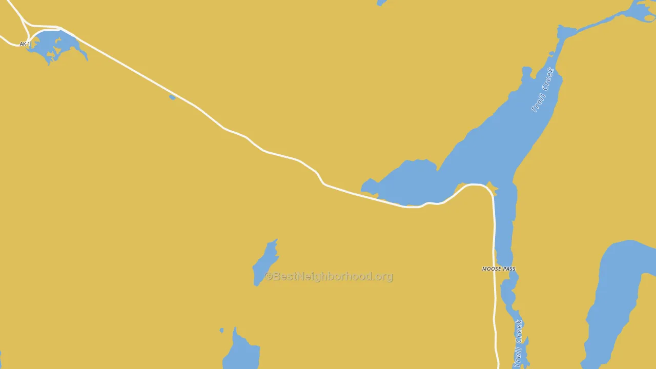 Map of the best neighborhoods in the Moose Pass area, with better matches in green and worse matches in red