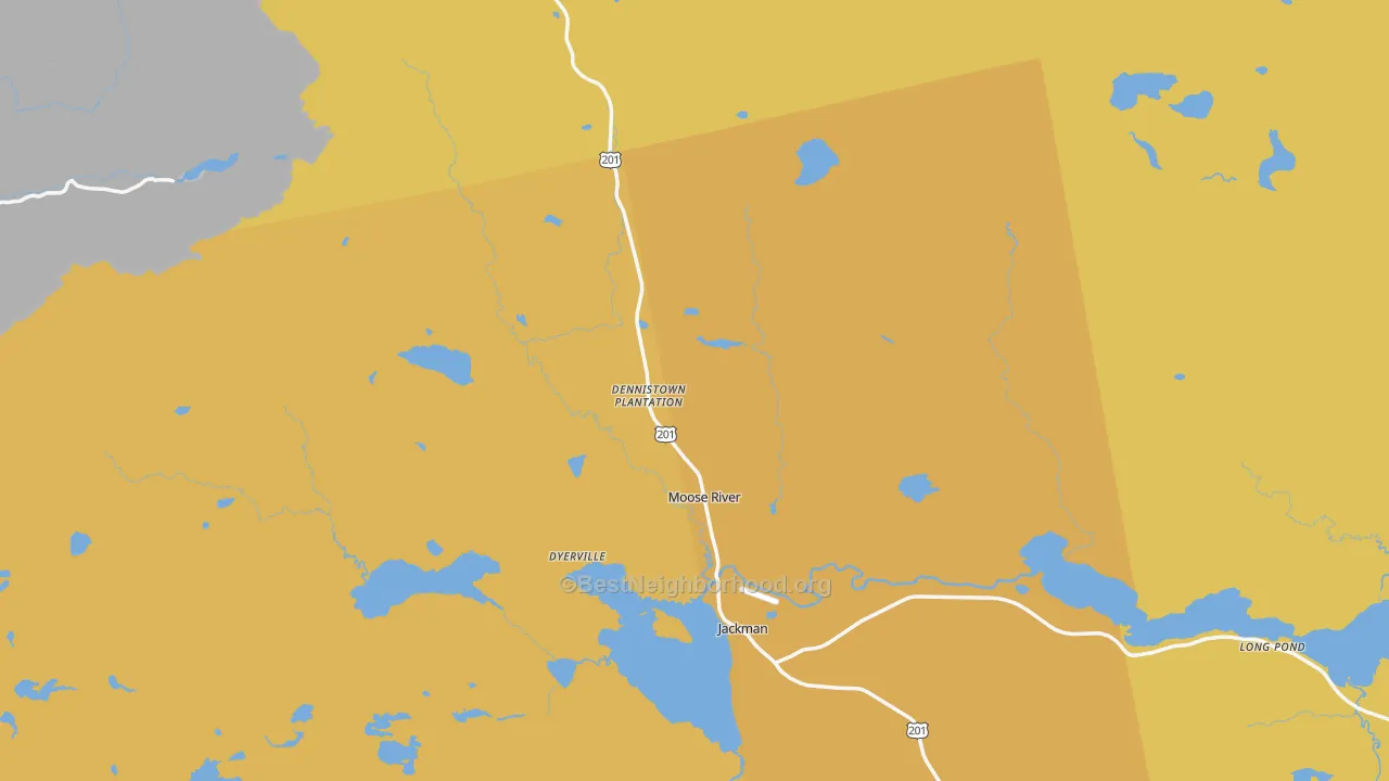 Map of the best neighborhoods in the Moose River area, with better matches in green and worse matches in red