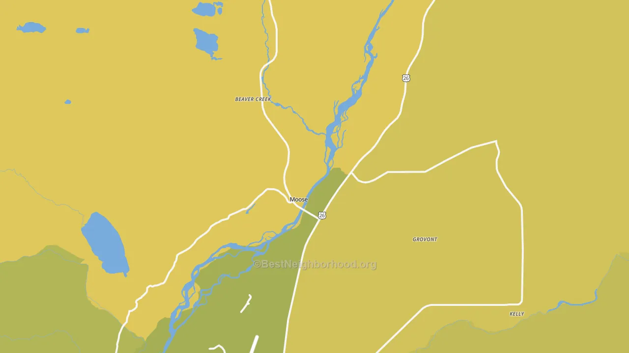 Map of the best neighborhoods in the Moose area, with better matches in green and worse matches in red