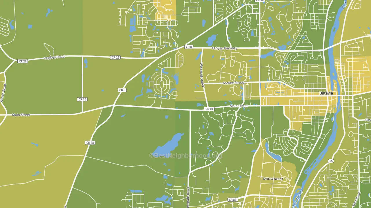 Map of the best neighborhoods in the Mooseheart area, with better matches in green and worse matches in red