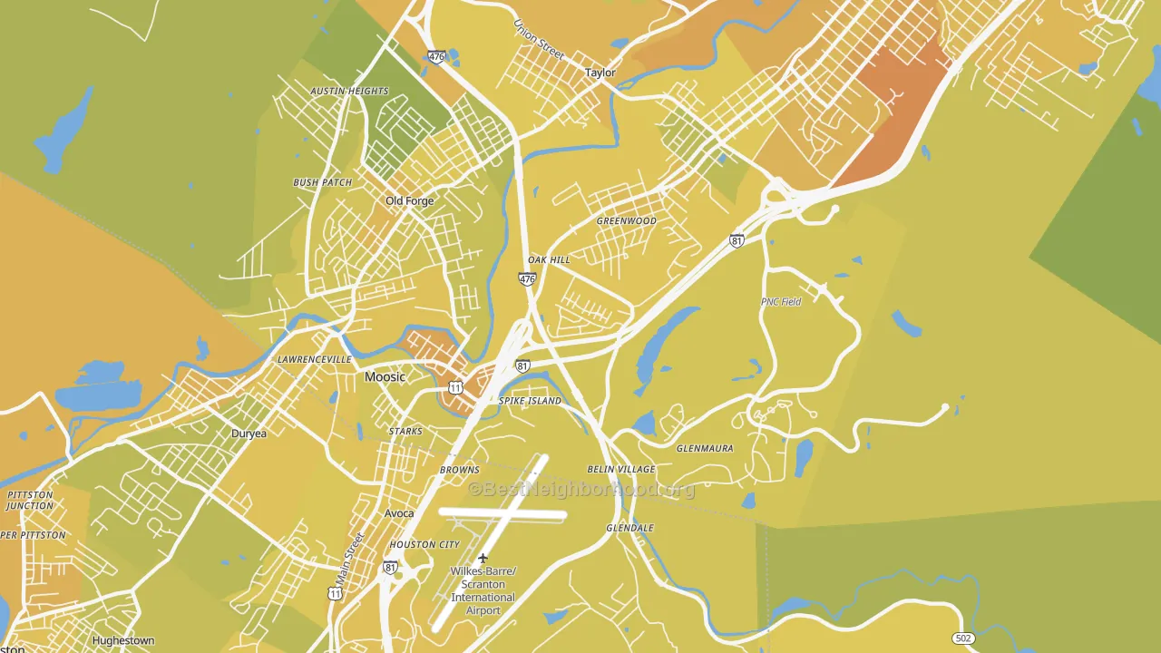 Map of the best neighborhoods in the Moosic area, with better matches in green and worse matches in red