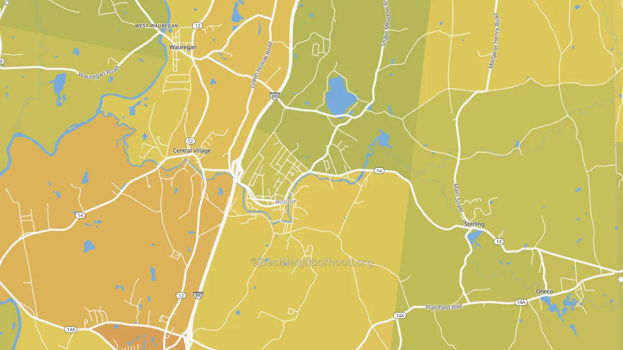 Map of the best neighborhoods in the Moosup area, with better matches in green and worse matches in red