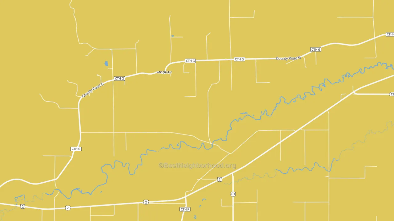 Map of the best neighborhoods in the Moquah area, with better matches in green and worse matches in red