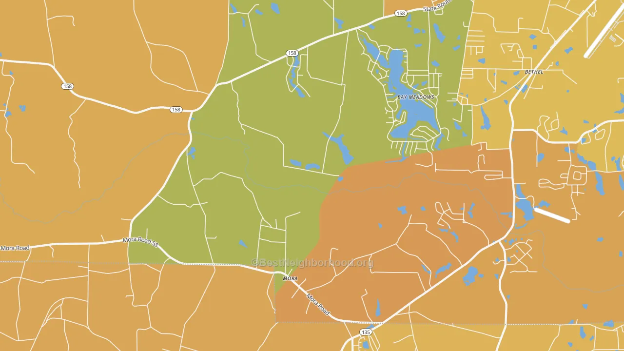 Map of the best neighborhoods in the Mora area, with better matches in green and worse matches in red